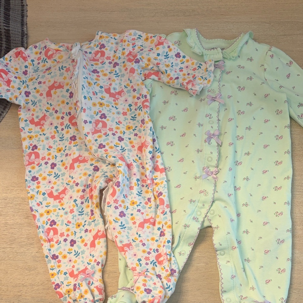 Little Me Baby Footies-  buttons green, floral zip